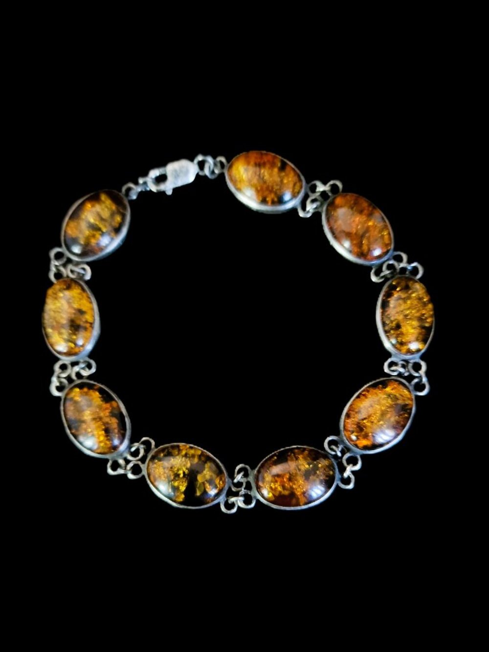 Vintage 90s Sterling Silver Baltic Amber Link Station Bracelet 925 7.5"